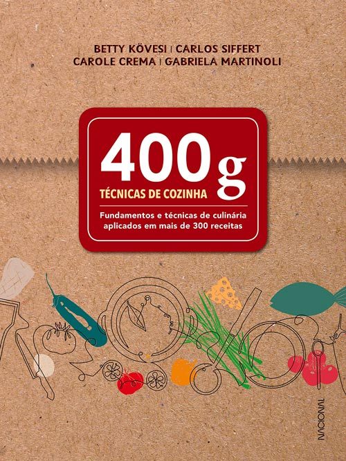 Capa do livro 400g Técnicas de Cozinha, com ilustrações de alimentos sobre papel kraft