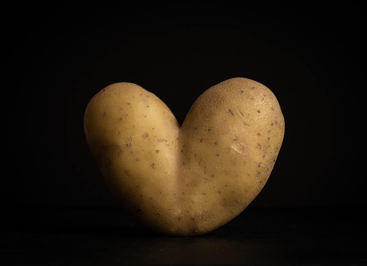 Batata inglesa de casca clara em formato de coração sobre fundo preto